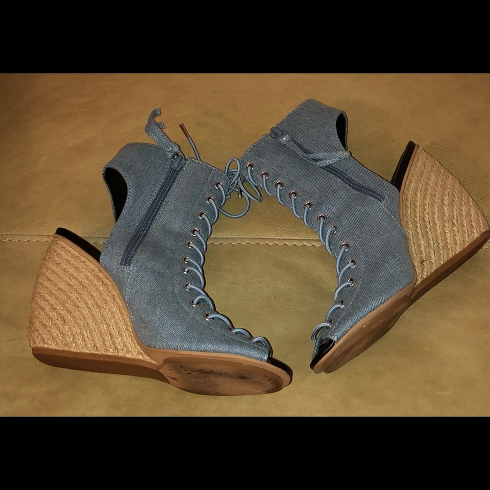 Rebecca Minkoff denim wedge open toe/heel booties